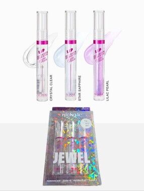 NWT NICKA K JEWEL LIP GLOW OIL TRIO: CRYSTAL CLEAR, STQR SAPPHIRE, LILAC PEARL!